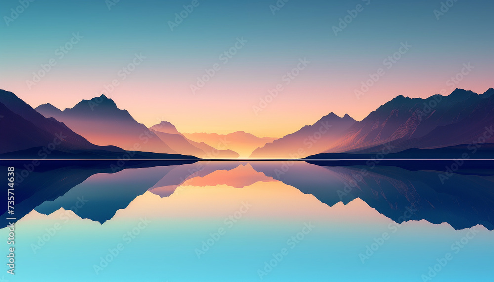 majestic mountains reflecting perfectly onto a still lake under a gradient sunset sky.
