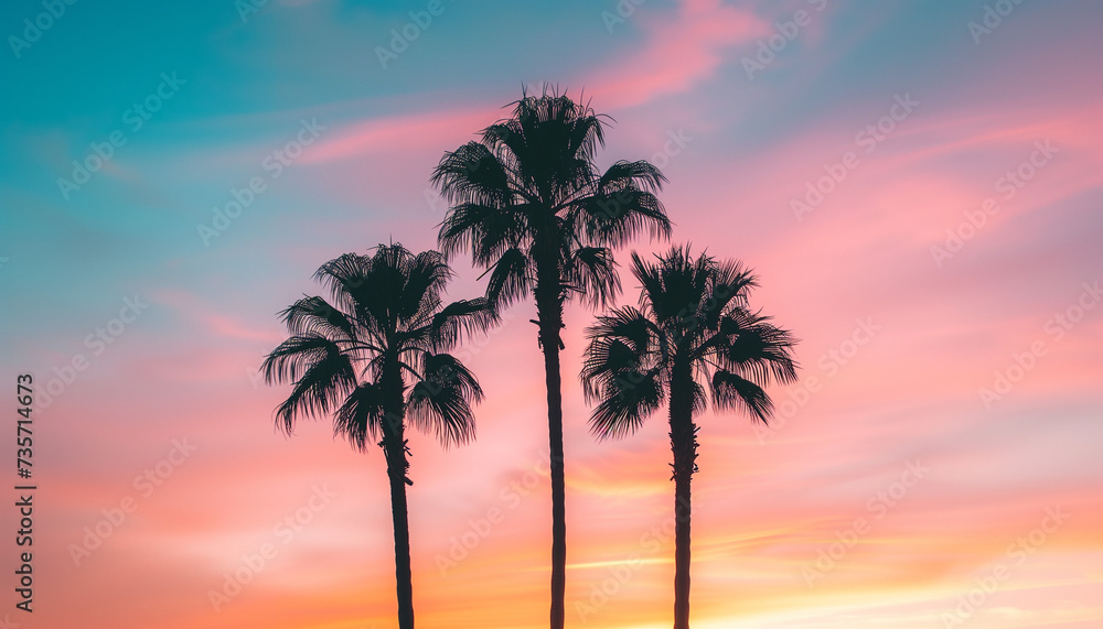 Three palm trees stand in silhouette against a vibrant pink and blue sunset sky Three palm trees stand in silhouette against a vibrant pink and blue sunset sky