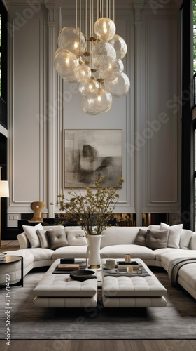 An elegant Scandinavian living room with high ceilings, adorned with a statement chandelier and luxurious furnishings. 