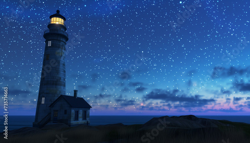 A lighthouse stands as a guiding beacon under a star-filled night sky, with the last hints of twilight on the horizon