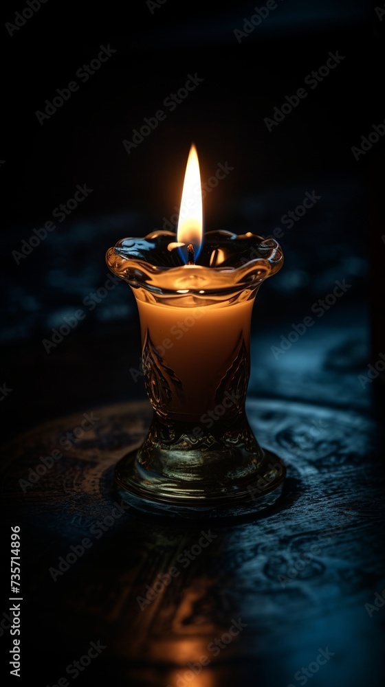 Candle light in a glass vase on a dark background. Candle wallpaper. 