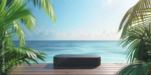 Empty black marble product display podium with sea and palm tree background.