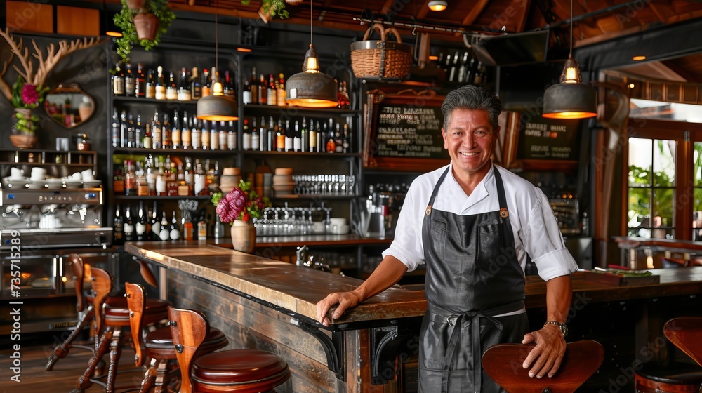 Smiling bartender in a classic tavern, rustic furnishings, good ambiance