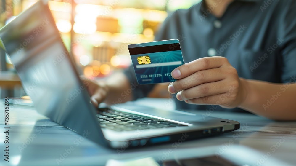 Person uses credit card for online shopping payment on laptop application or website. Concept of e-commerce and online shopping Person uses credit card for online shopping payment on laptop application or website. Concept of e-commerce and online shopping