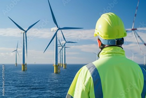 A worker in reflective gear looks at wind turbines at sea, symbolizing the use of renewable energy and sustainable practices.