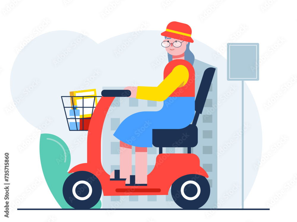 Old woman riding an electric bicycle. Senior citizen vector illustration. Old woman riding an electric bicycle. Senior citizen vector illustration.