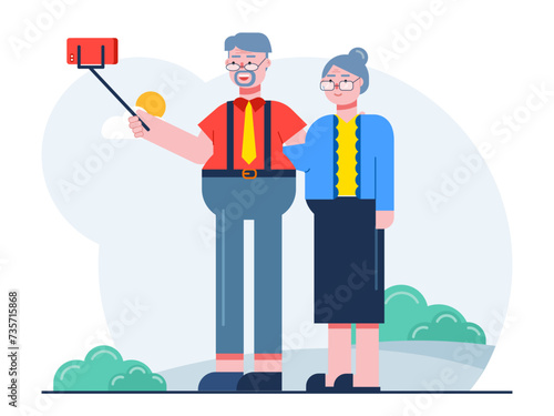 Aged couple taking selfies photo. Senior citizen vector illustration.