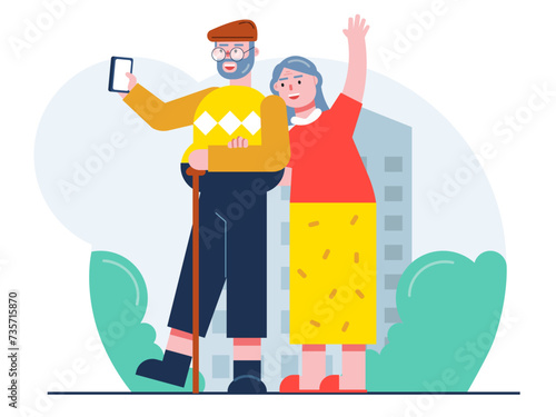 Aged couple taking selfies photo. Senior citizen vector illustration.