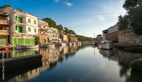 long exposure view of the picturesque village and harbor at Cala Figuera on Mallorca