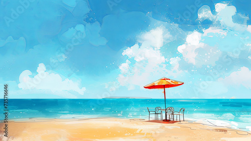 Table on seacoast beach. Illustration of paradise. Panorama