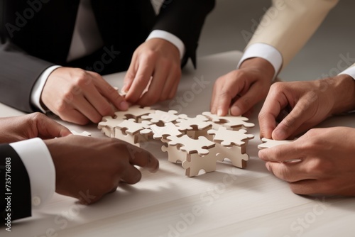 Group of business workers with hands together connecting pieces of puzzle.