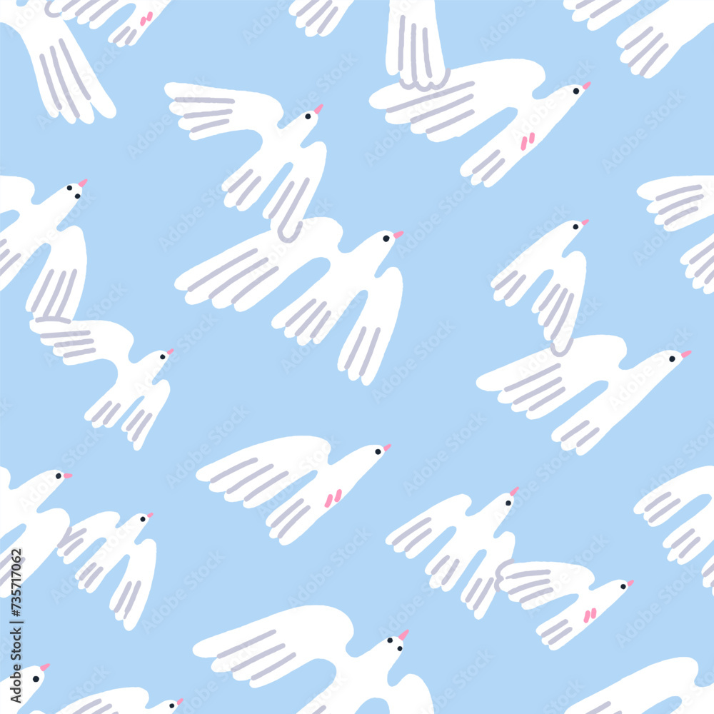 Fototapeta premium Birds flock flying, seamless pattern design. Endless background, texture, white doves soaring in sky. Repeating print, pigeons. Repeatable flat vector illustration for fabric, textile, wrapping