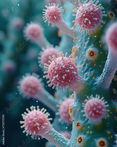 Magnified Viruses and bacteria. Viruses in infected organism. 3D rendering