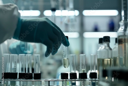 Close-up of a gloved hand holding a tube in a laboratory for testing