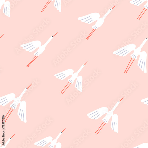 Crane birds, seamless pattern. White feathered herons flock flying, endless background design. Winged egrets soaring, gliding in sky, repeating print. Flat vector illustration for textile, wrapping