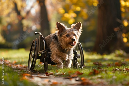 Disabled dog in a wheelchair walks in the park and enjoys mobility © Areesha