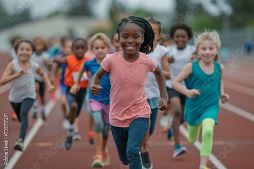 Diverse group of children filled with joy and energy running on athletic track, children healthy active lifestyle concept