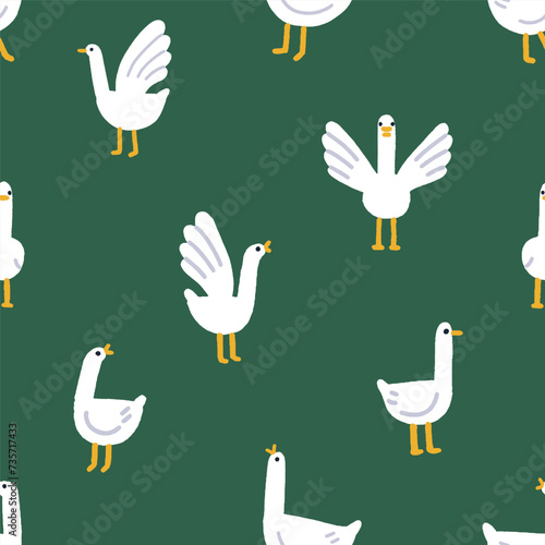 Cute geese, seamless pattern. Farm birds, funny goose, endless background, te...