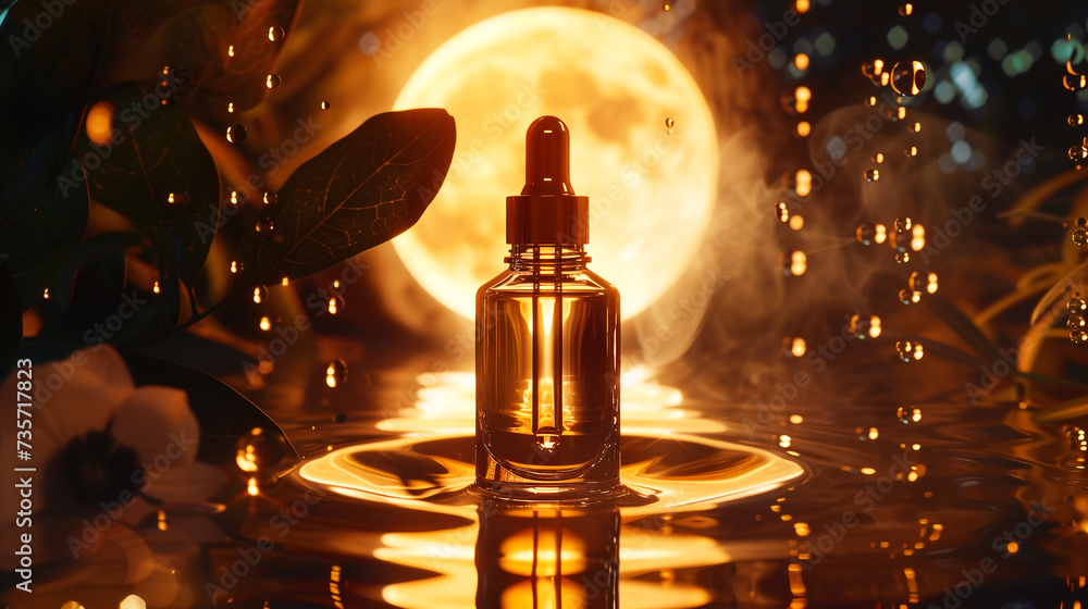 bottle of serum, dark amber and beige, moody lighting, water drops, glowing neon. Generative Ai. bottle of serum, dark amber and beige, moody lighting, water drops, glowing neon. Generative Ai.