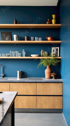 A minimalist kitchen with open shelves, concrete countertops, and a bold blue accent wall.