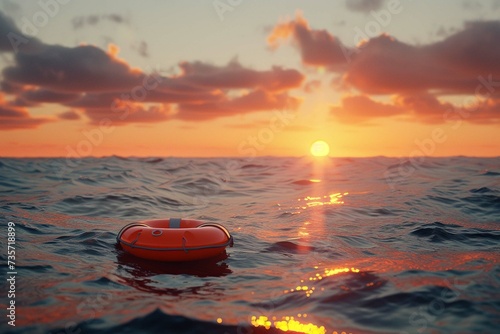 Lifebuoy Floating on Open Sea at Sunset. Rescue, Safety and Hope Concept