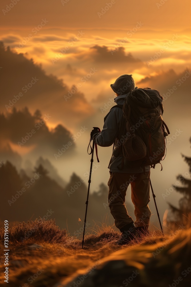 Golden Hour Trekking - Senior Hiker Embracing the Wilderness
