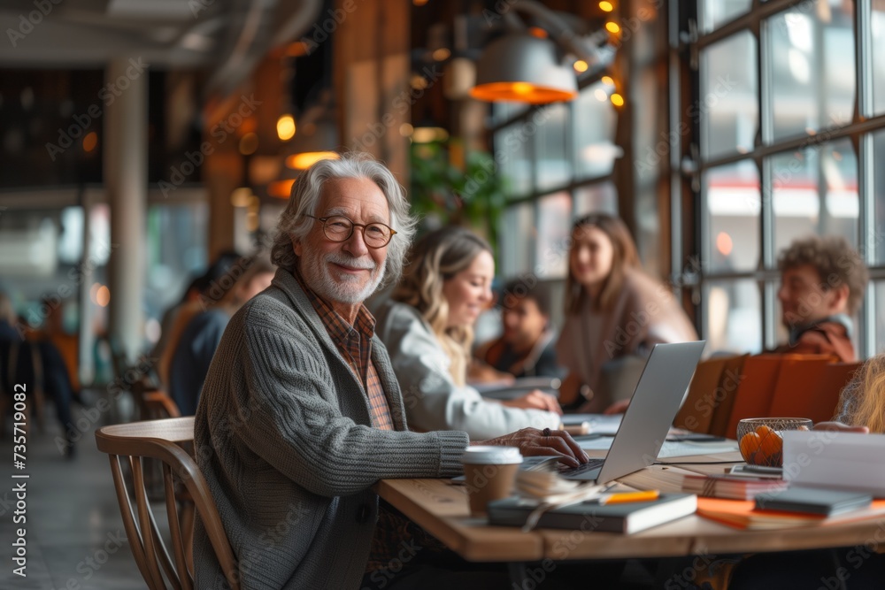 Senior Man Embracing Tech in a Cozy Cafe Senior Man Embracing Tech in a Cozy Cafe