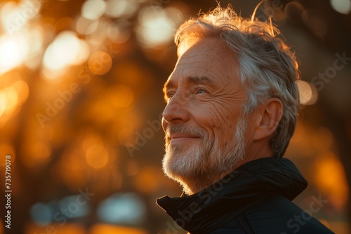 Golden Hour Contemplation - Portrait of a Smiling Senior Man © Pompozzi