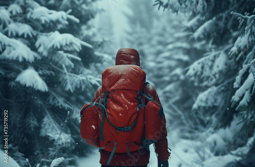 hiker in winter mountains trekking in the forest with big backpack, travel alone concept, Traveling alone to balance the mind and mental health. Escape from the hustle and bustle of the big city