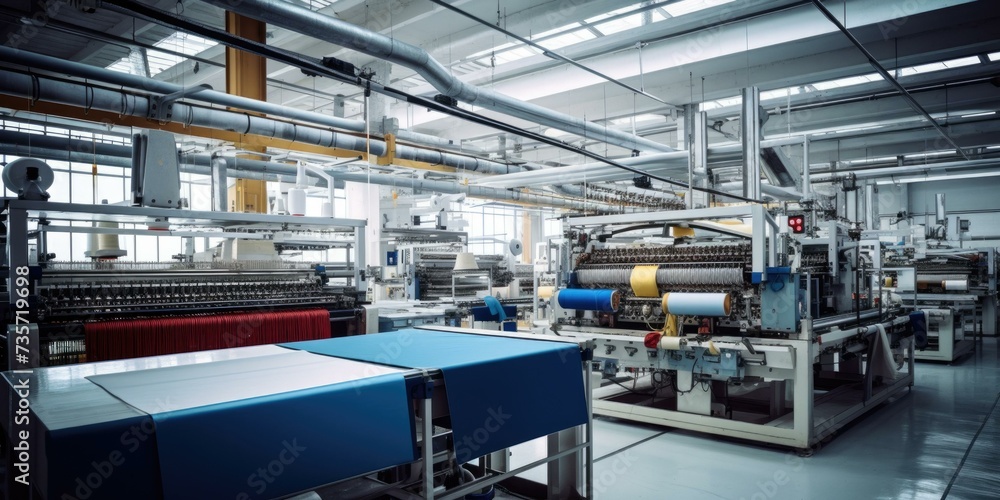 A factory with machines and blue and red fabric. Generative AI. A factory with machines and blue and red fabric. Generative AI.