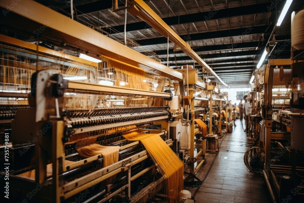 A factory with yellow yarn and machines. Generative AI.