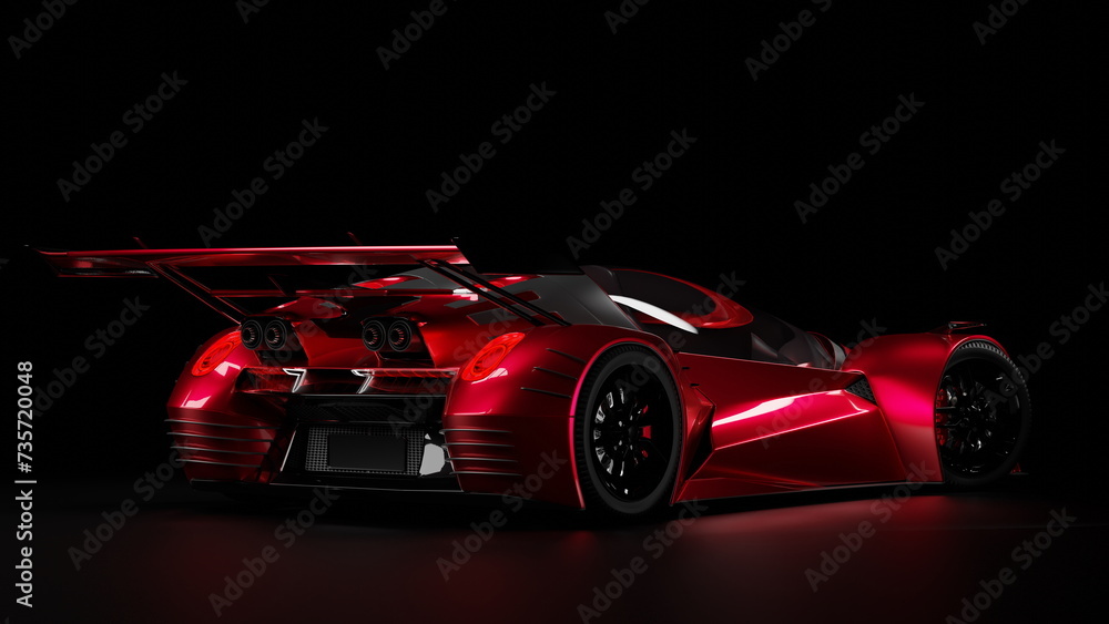 Futuristic sport car coupe in red on black background, supercar. 3d render - obrazy, fototapety, plakaty 