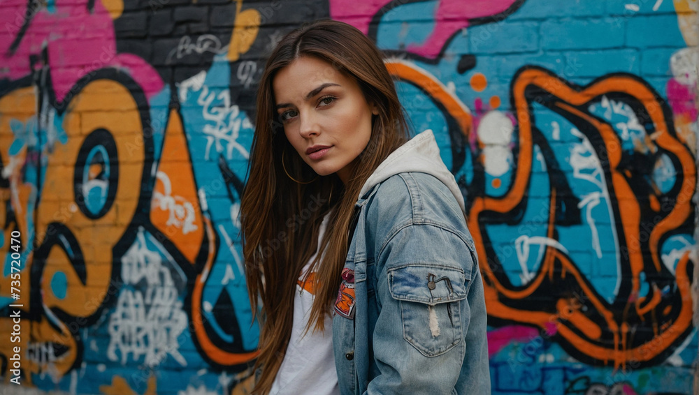 Fototapeta premium Portrait of women with long black straight hair standing in front of graffiti wall wearing casual clothes. generative AI