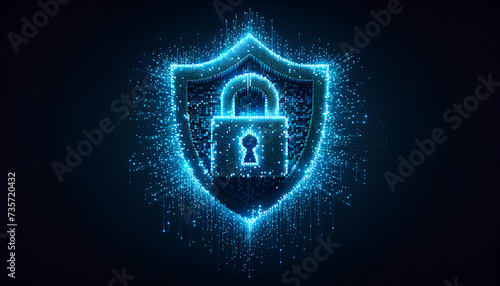 Futuristic Cybersecurity Shield in Neon-blue Pixels Disintegrating on Dark Background