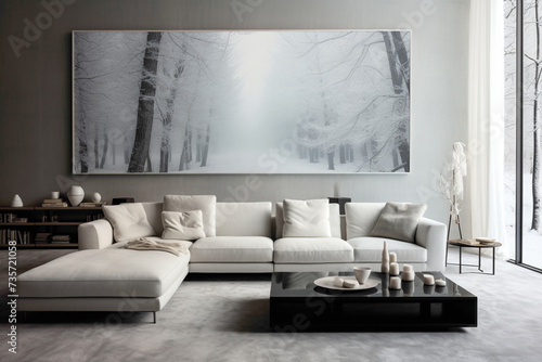 A minimalist living room featuring an empty white frame on a wall adorned with a striking  monochromatic mural  complemented by sleek furniture and subtle hints of colorful accents.