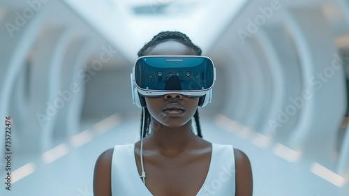 With a white background and virtual reality goggles on, an African American lady reacts emotionally in the metaverse.