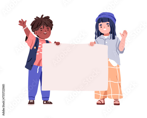 Kids holding blank paper banner, horizontal placard in hands. Happy children ...