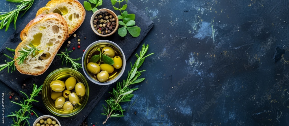 Fresh green and black olives in small ceramic bowls on a rustic slate board