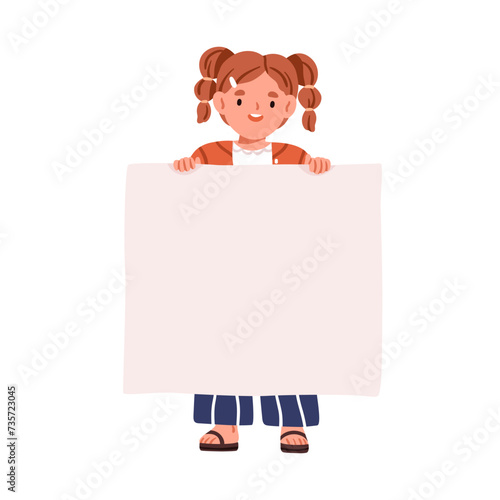 Girl kid holding blank paper banner. Happy cute child showing empty space, cl...
