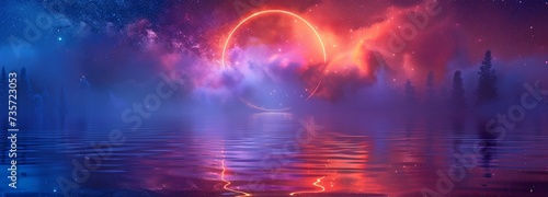 The image is a circle frame with a dark starry background, blue neon light glow, and purple smoke under waves of calm water. Light-emitting LED ring border rendered in a realistic vector style. photo