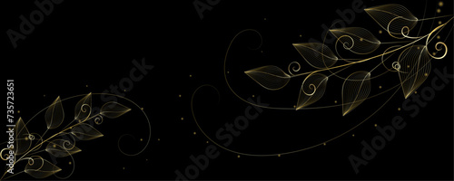 Golden Line art botany banner. Japanese style Hand drawn vector. Line art style design. Concept traditional Asian Card with space for text wedding, invitation, template card Golden frames.