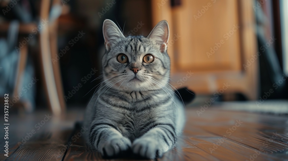 Gray purebred cat lies on floor in room and looks at camera. British shorthair cat