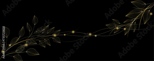 Golden Line art botany banner. Japanese style Hand drawn vector. Line art style design. Concept traditional Asian Card with space for text wedding, invitation, template card Golden frames.