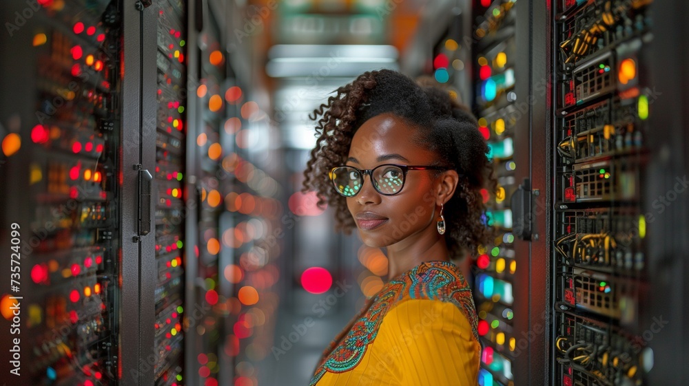 In the computer server room, a black lady engineer technician is portrayed. In the computer server room, a black lady engineer technician is portrayed.