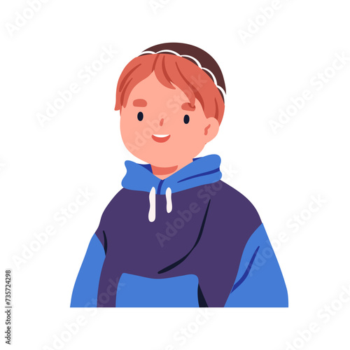 Happy Jewish boy. Cute smiling Jew kid in kippah. Hebrew child in kipa hat. C...