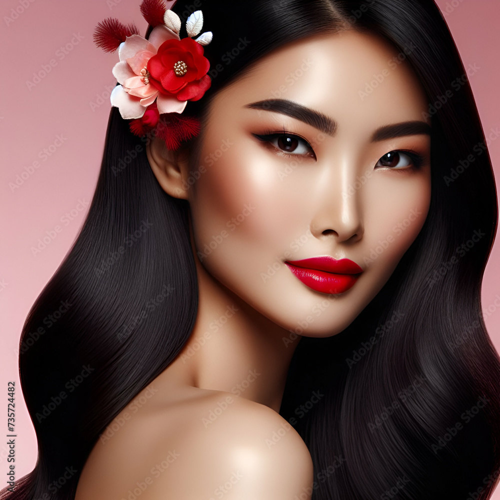 Beauty image of an Asian woman with long hair and red lip