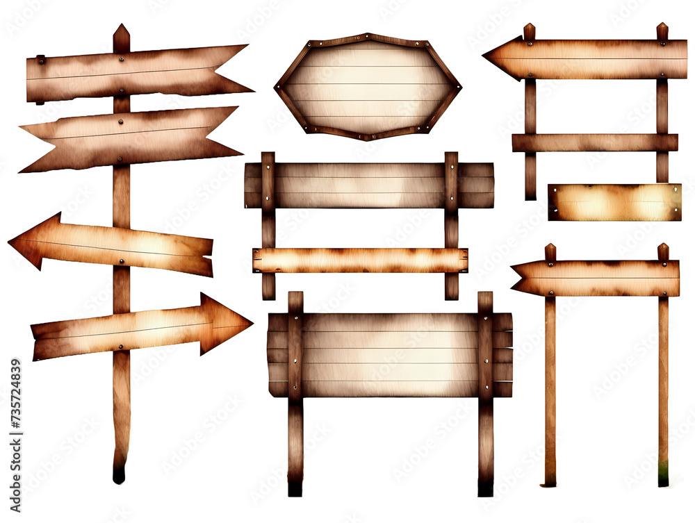 Watercolor wooden signboard set transparent background Watercolor wooden signboard set transparent background