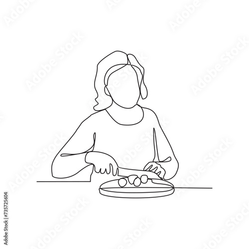 One continuous line drawing of People with housekeeping work activity vector illustration.  tasks such as sweeping, vacuuming, mopping, dusting, wiping down surfaces, and taking out the trash.