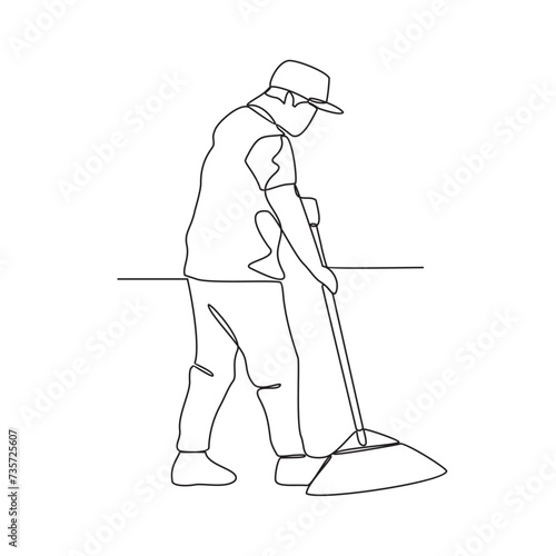 One continuous line drawing of People with housekeeping work activity vector illustration.  tasks such as sweeping, vacuuming, mopping, dusting, wiping down surfaces, and taking out the trash.