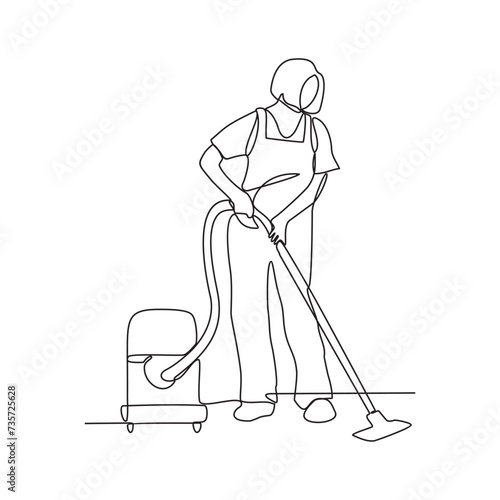 One continuous line drawing of People with housekeeping work activity vector illustration.  tasks such as sweeping, vacuuming, mopping, dusting, wiping down surfaces, and taking out the trash.